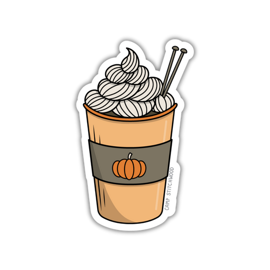 a pumpkin spice latte sticker with whipped cream yarn and knitting needles