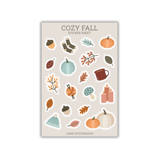 Sticker sheet with fall-themed designs on a beige background