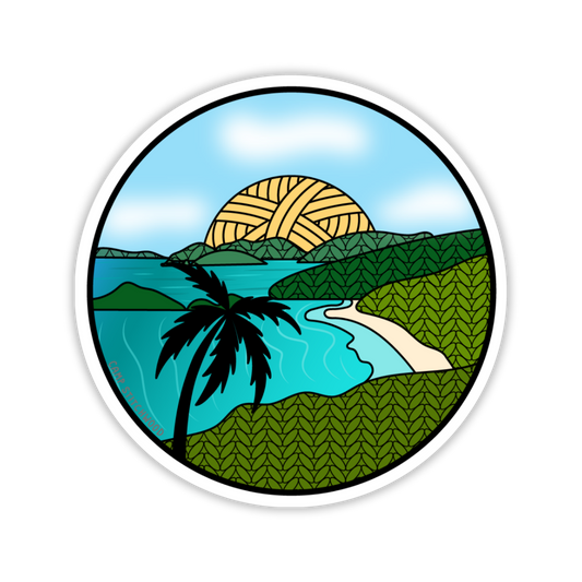 Circular sticker with a tropical landscape featuring a palm tree, beach, and sunset.