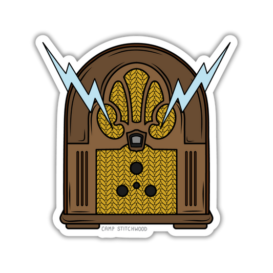 Sticker of a vintage radio with lightning bolts on a white background