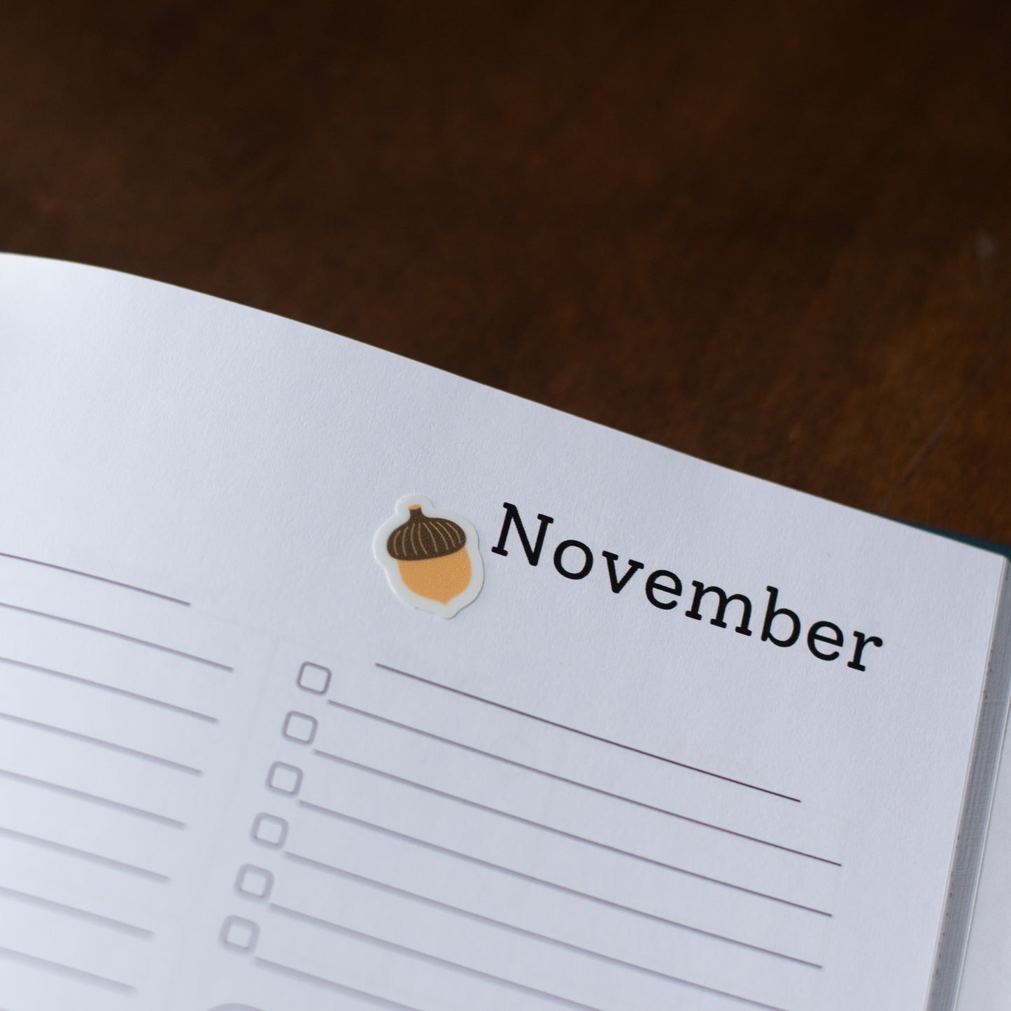 Open notebook with 'November' page on a wooden surface