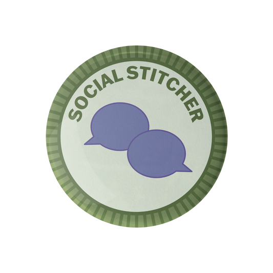 Circular logo with 'Social Stitcher' text and speech bubbles on a white background