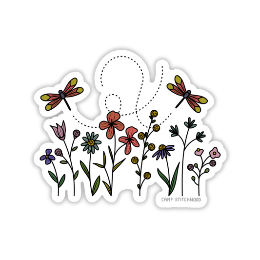 Sticker with flowers and dragonflies on a white background