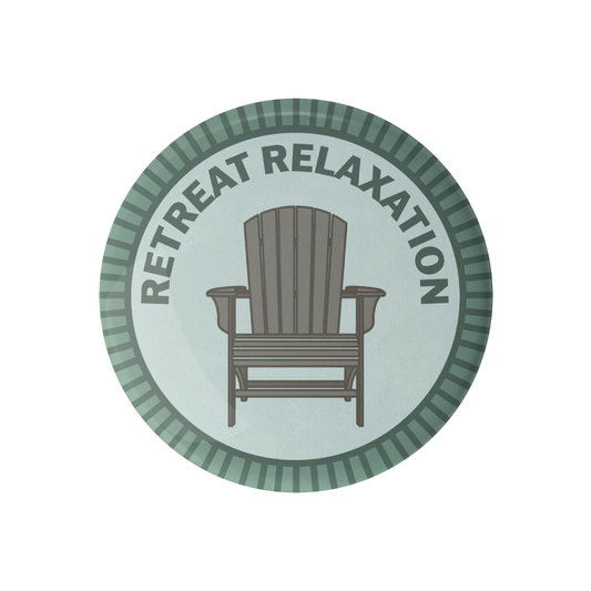 Circular logo with a wooden chair and 'Retreat Relaxation' text on a light blue background