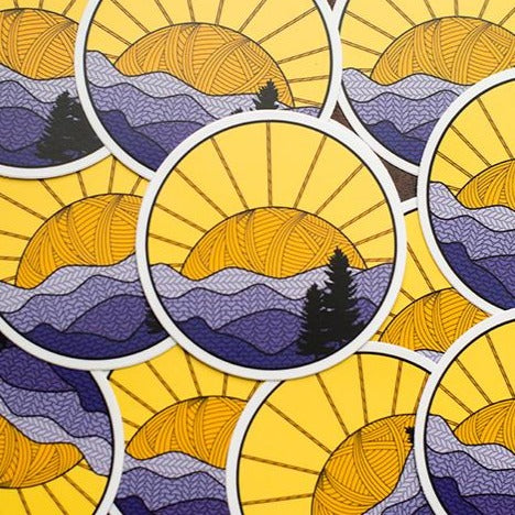 laptop or water bottle Knitting Sticker with mountains and sunset