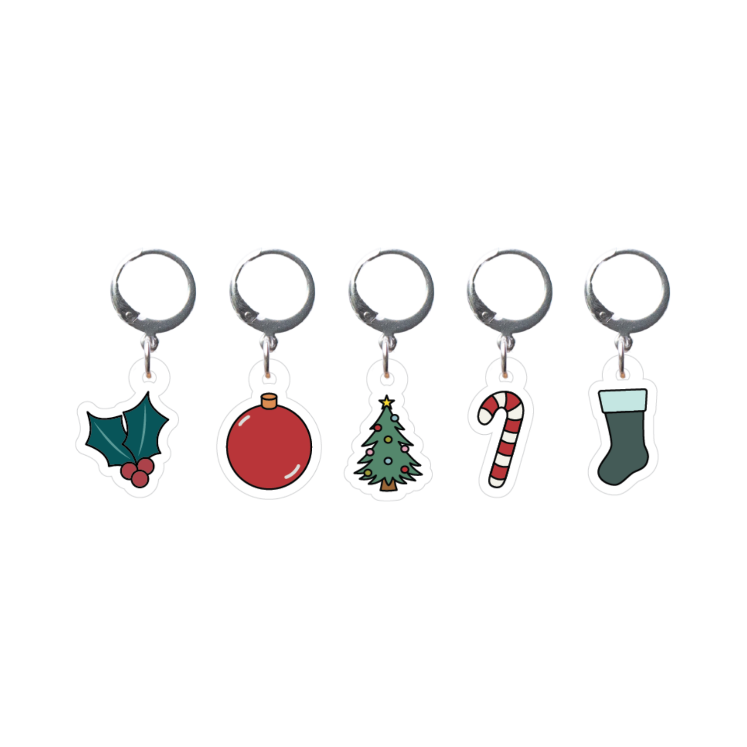 Set of five Christmas-themed stitch markers on a white background