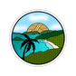 Circular sticker with a tropical landscape featuring a palm tree, beach, and sunset.