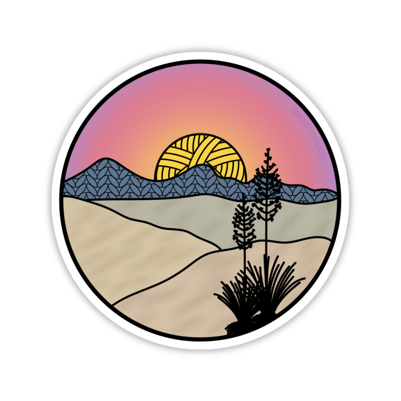 Round sticker with a desert landscape design featuring a sunset, mountains, and cacti.