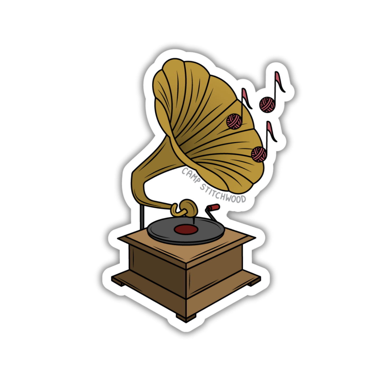 Sticker of a vintage gramophone with a brown horn on a white background