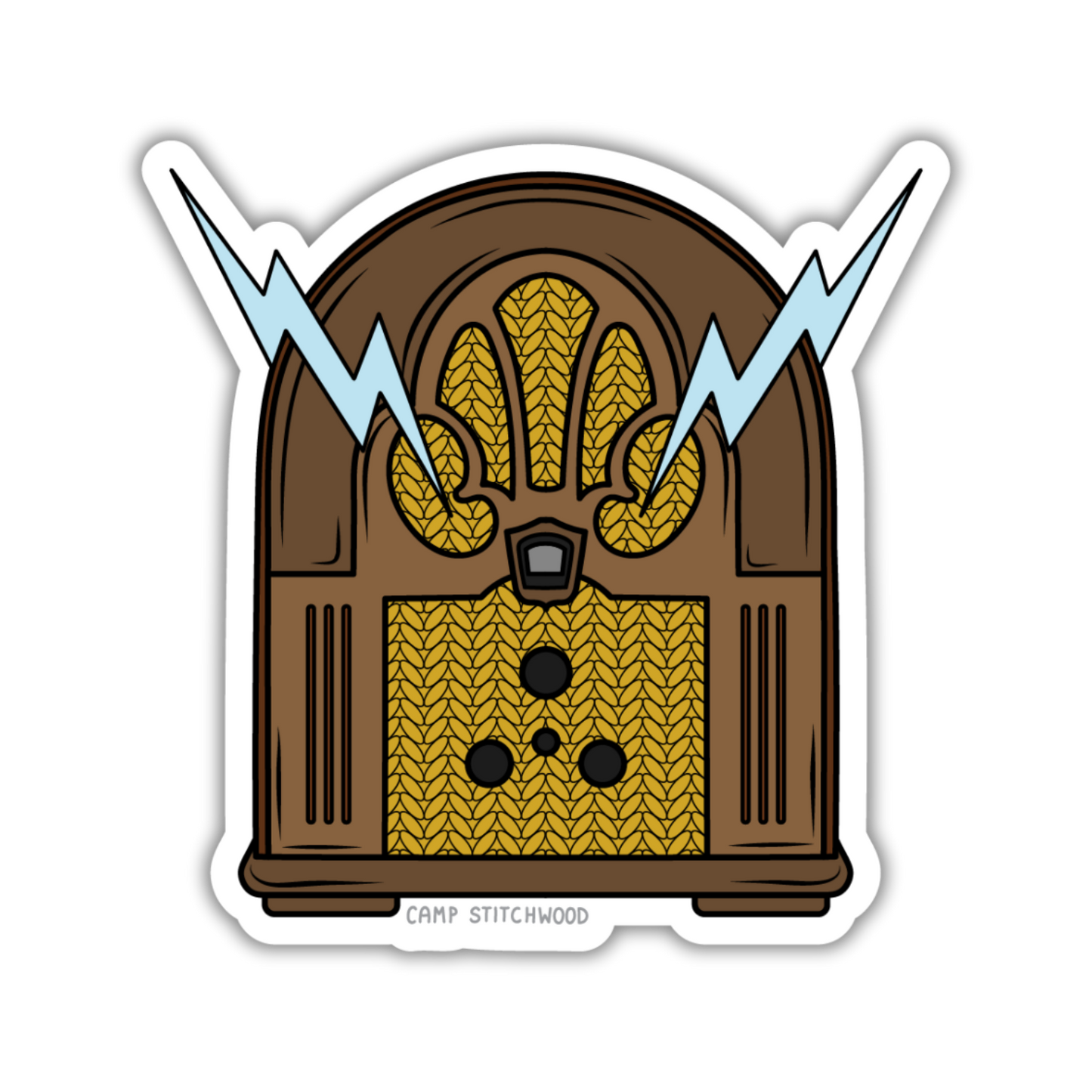 Sticker of a vintage radio with lightning bolts on a white background