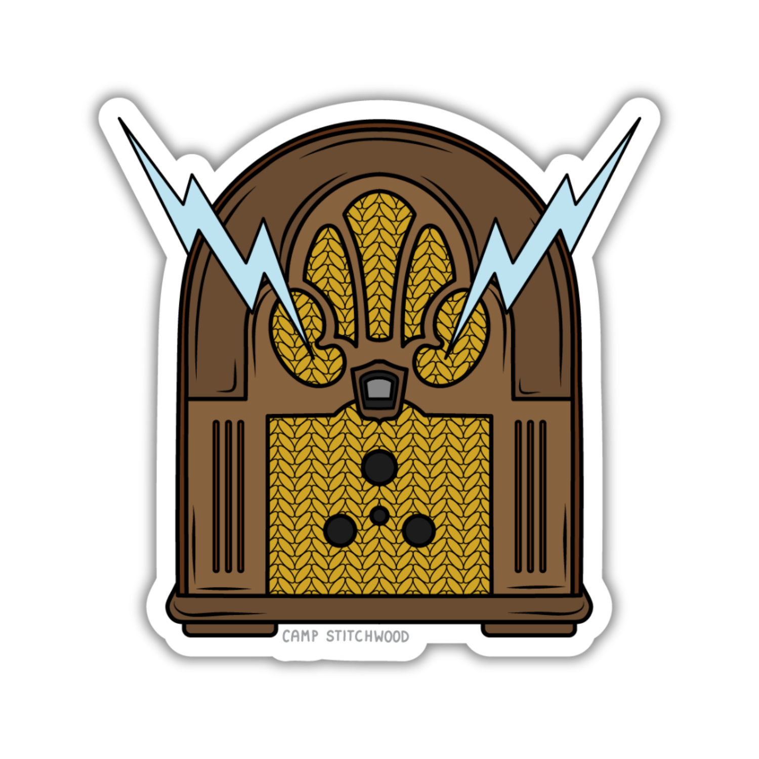 Sticker of a vintage radio with lightning bolts on a white background