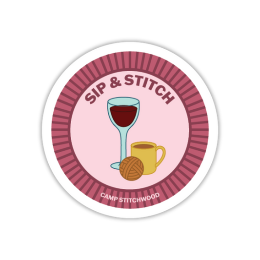 Circular sticker with 'Sip & Stitch' text, wine glass, mug, and yarn ball illustration on a pink background.