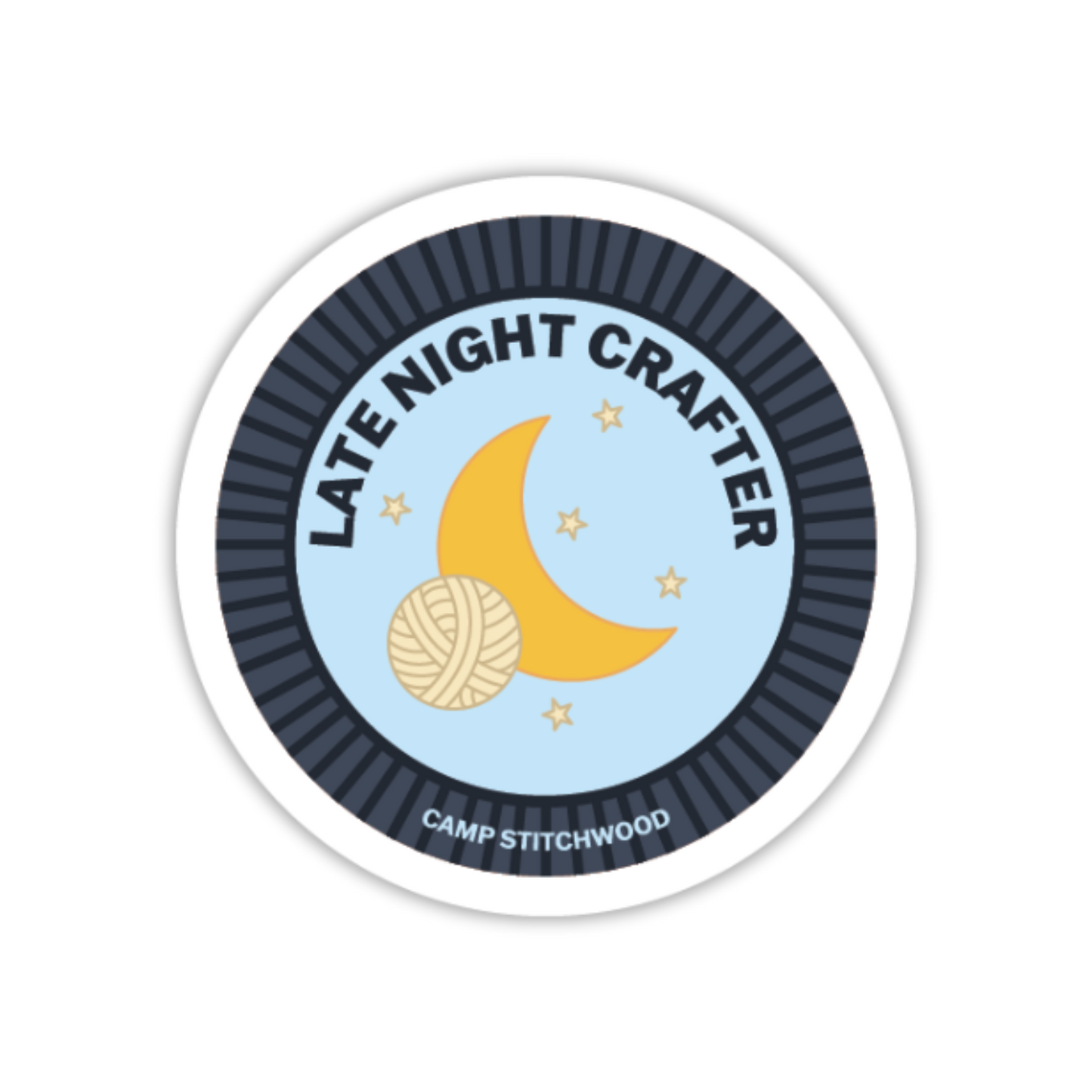 Circular sticker with 'Late Night Crafter' text, yarn ball, and moon design on a light blue background.