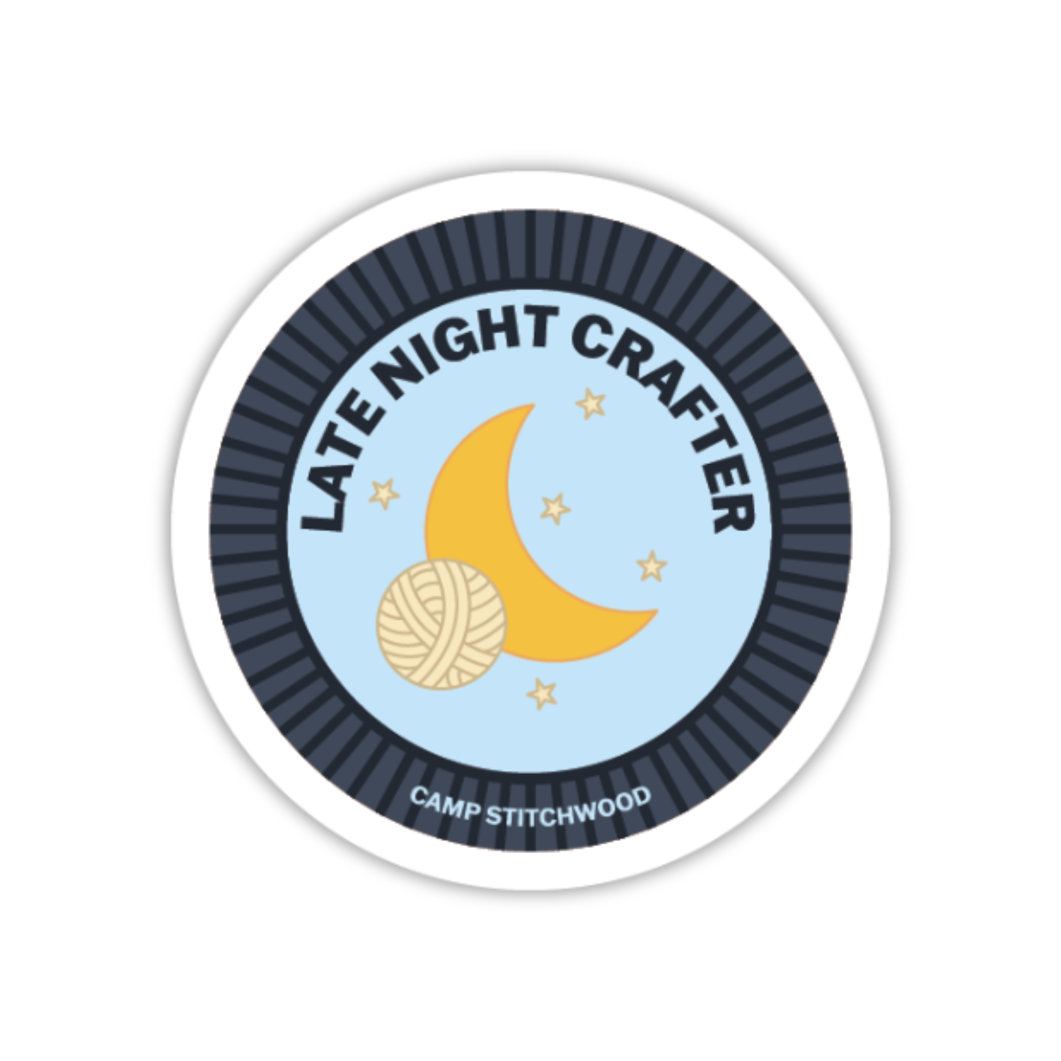Circular sticker with 'Late Night Crafter' text, yarn ball, and moon design on a light blue background.