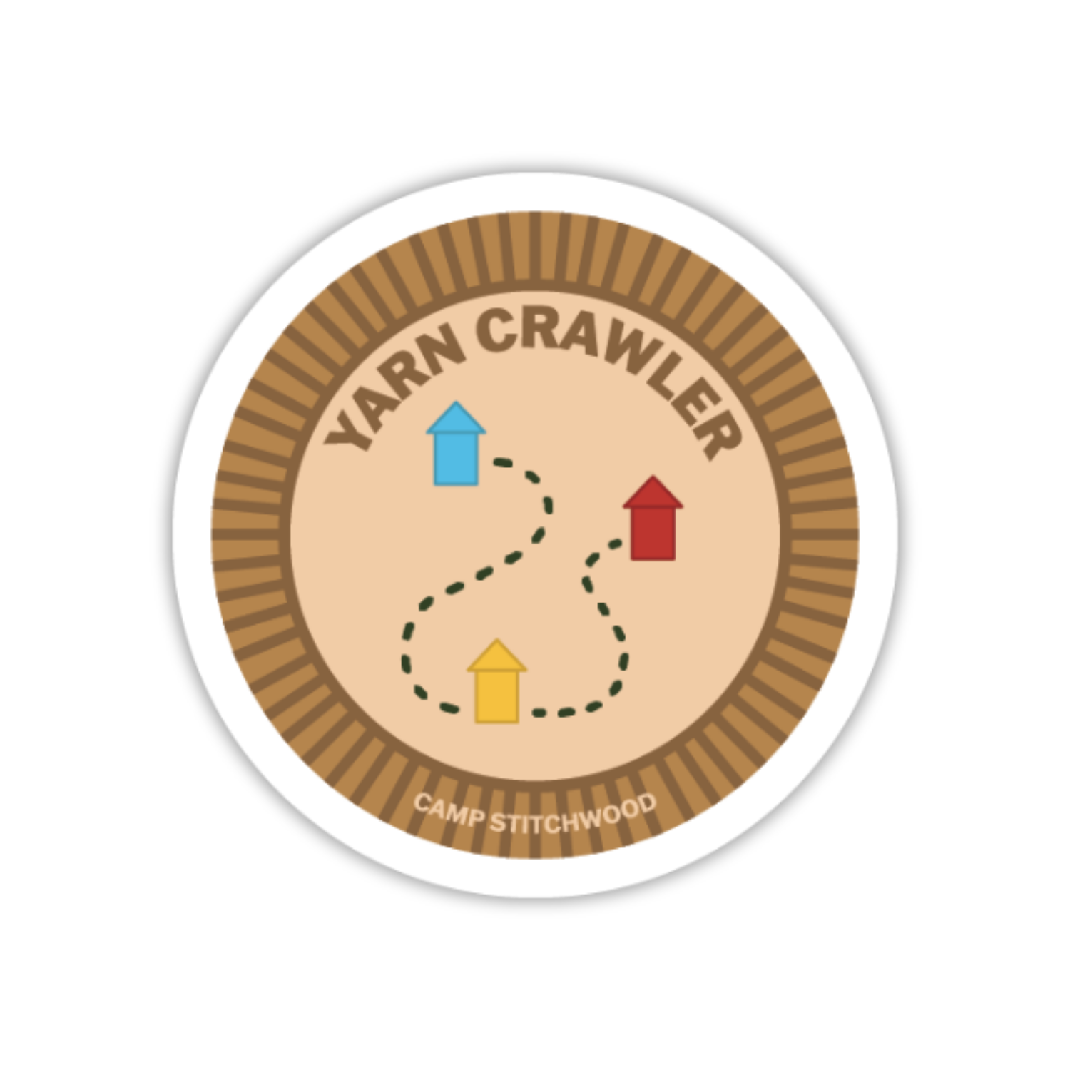 Circular sticker with 'Yarn Crawler' design and 'Camp Stitchwood' text on a white background