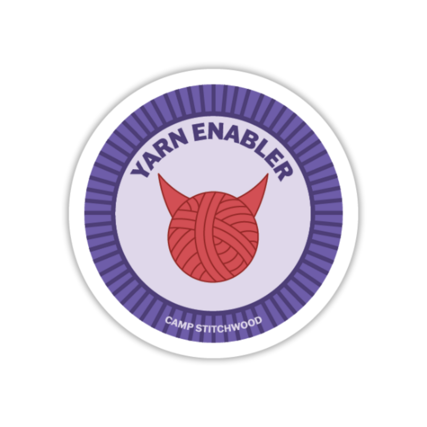 Circular sticker with a red yarn ball and 'Yarn Enabler' text on a white background