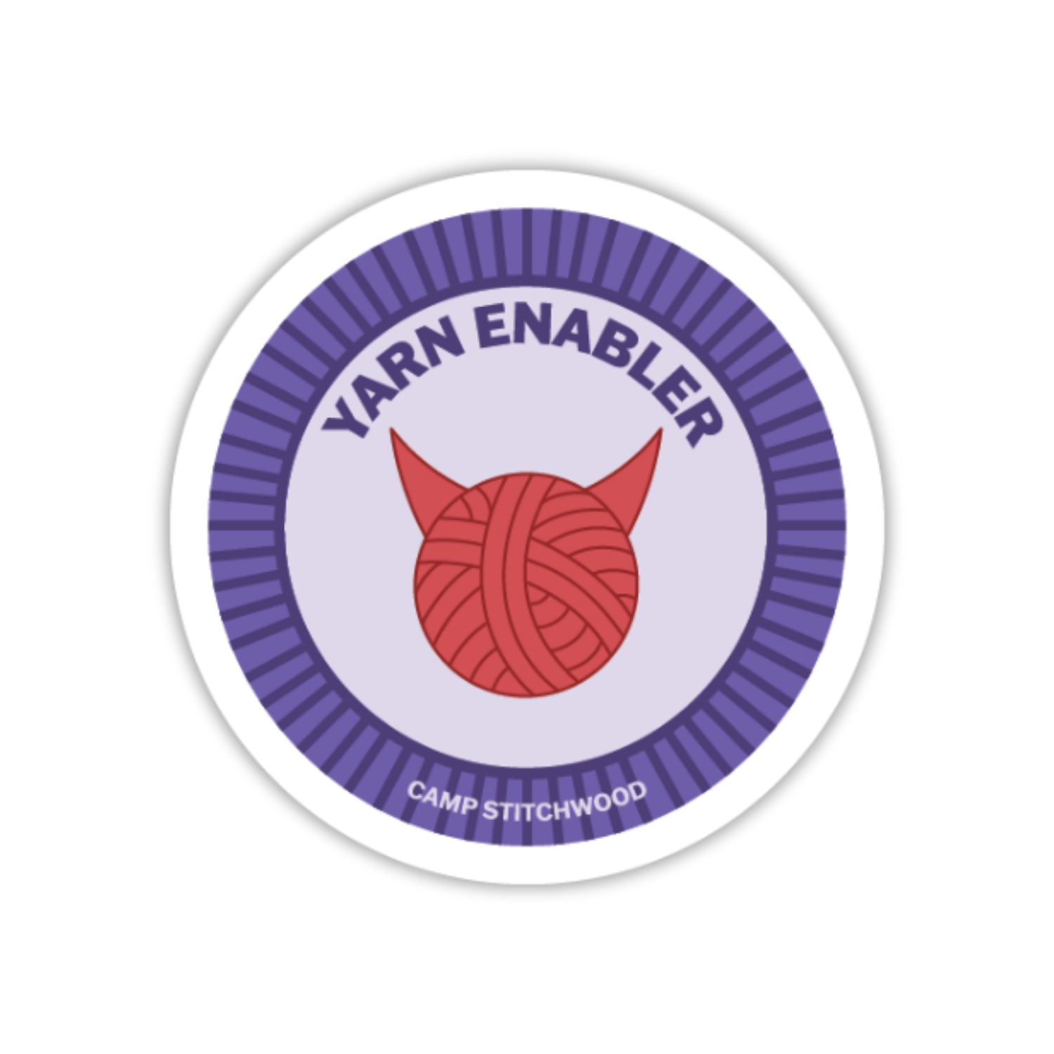 Circular sticker with a red yarn ball and 'Yarn Enabler' text on a white background