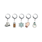 Set of five winter-themed stitch markers on a white background