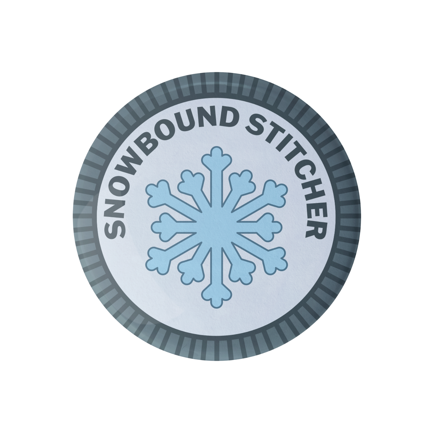 Circular merit badge with a snowflake and 'Snowbound Stitcher' text on a white background