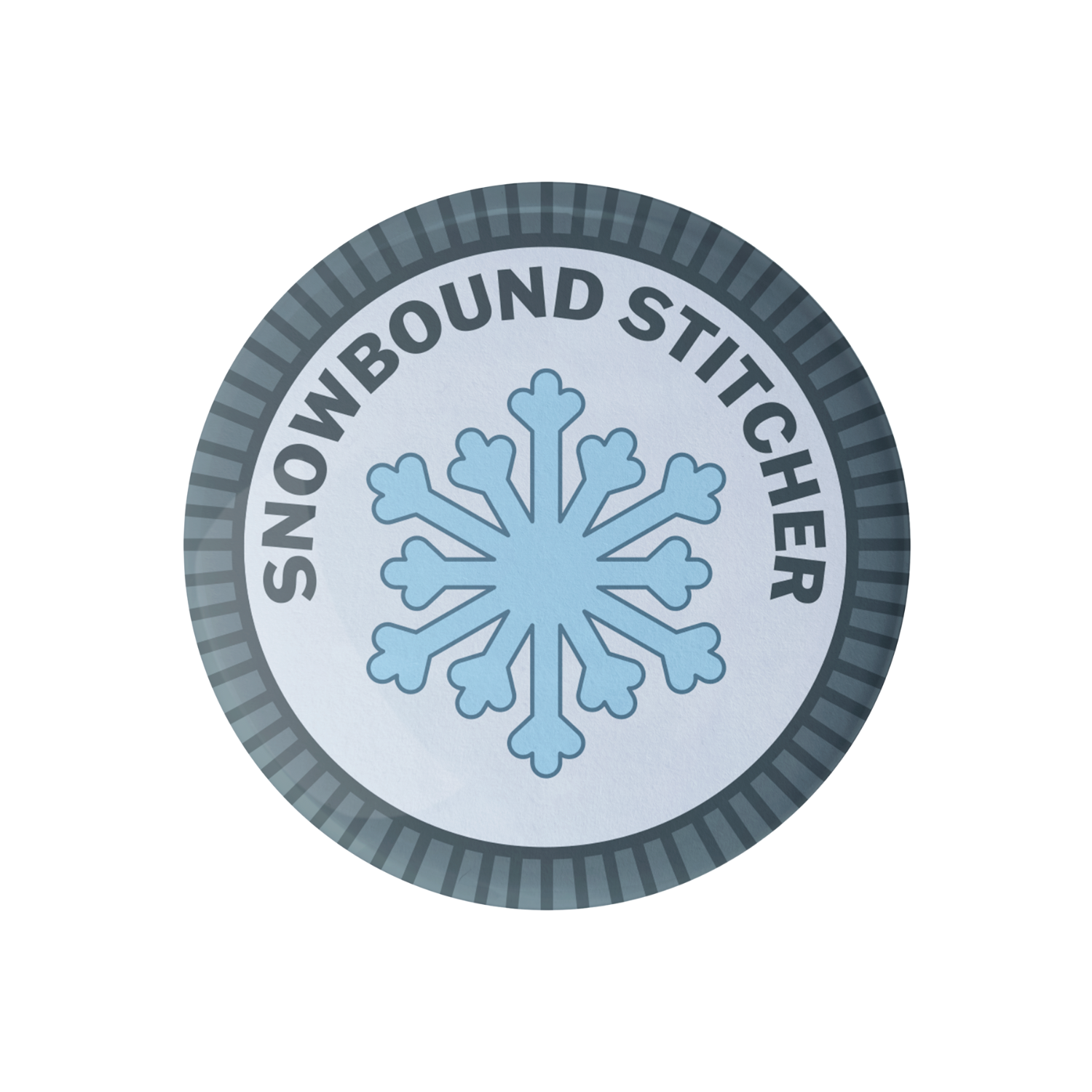 Circular merit badge with a snowflake and 'Snowbound Stitcher' text on a white background