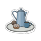 Illustration of a blue teapot, cup, and pastry on a white background with 'Camp Stitchwood' branding.