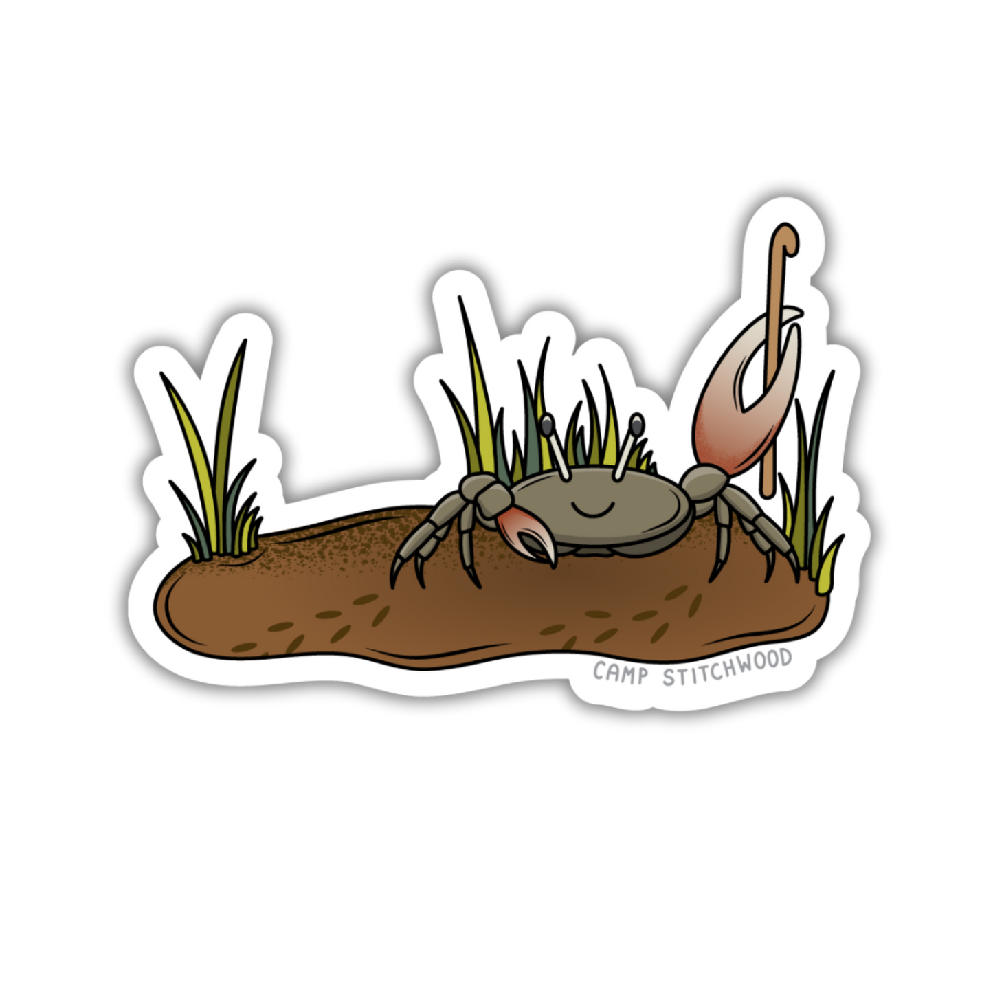 Sticker of a crab in the mud with grass, featuring 'Camp Stitchwood' text.