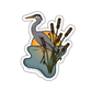 Sticker of a heron among reeds with a sunset background, featuring the brand 'Camp Stitchwood'.