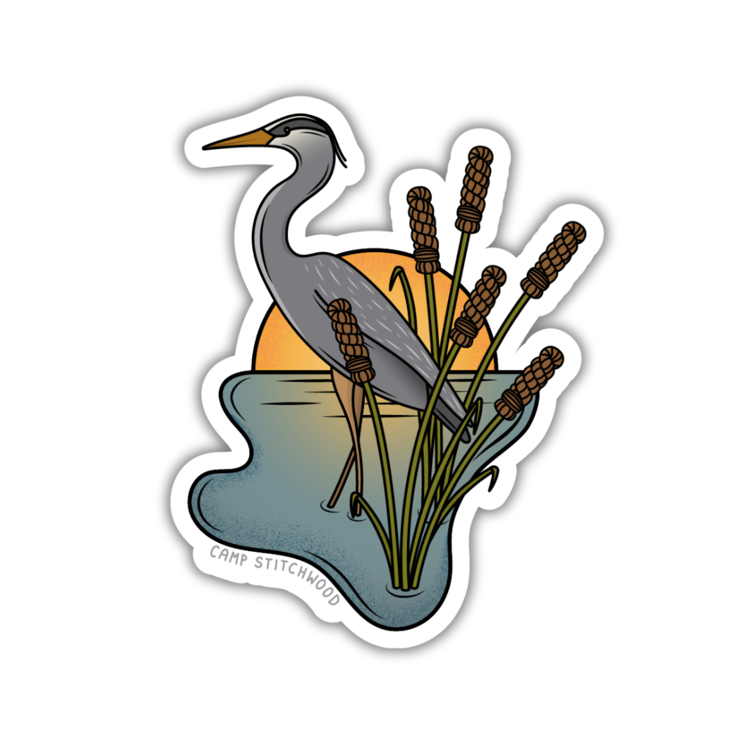 Sticker of a heron among reeds with a sunset background, featuring the brand 'Camp Stitchwood'.