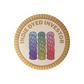 Circular badge with text 'Indie Dyed Investor' and images of three skeins of yarn in blue, green, and red on a beige background.