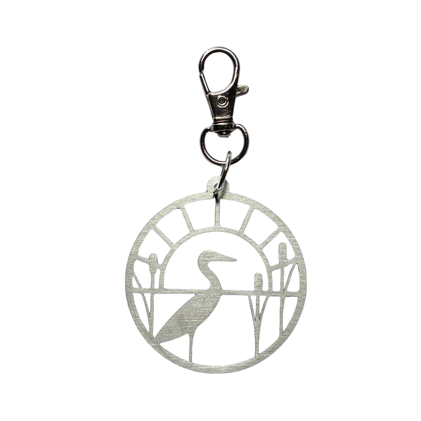 Silver stitch marker holder with a heron design on a white background