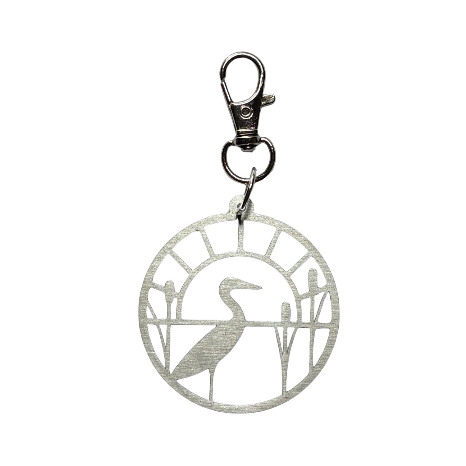 Silver stitch marker holder with a heron design on a white background