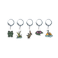 Set of five stitch markes with frog, grass, crab, lily pad, and heron designs on a white background.