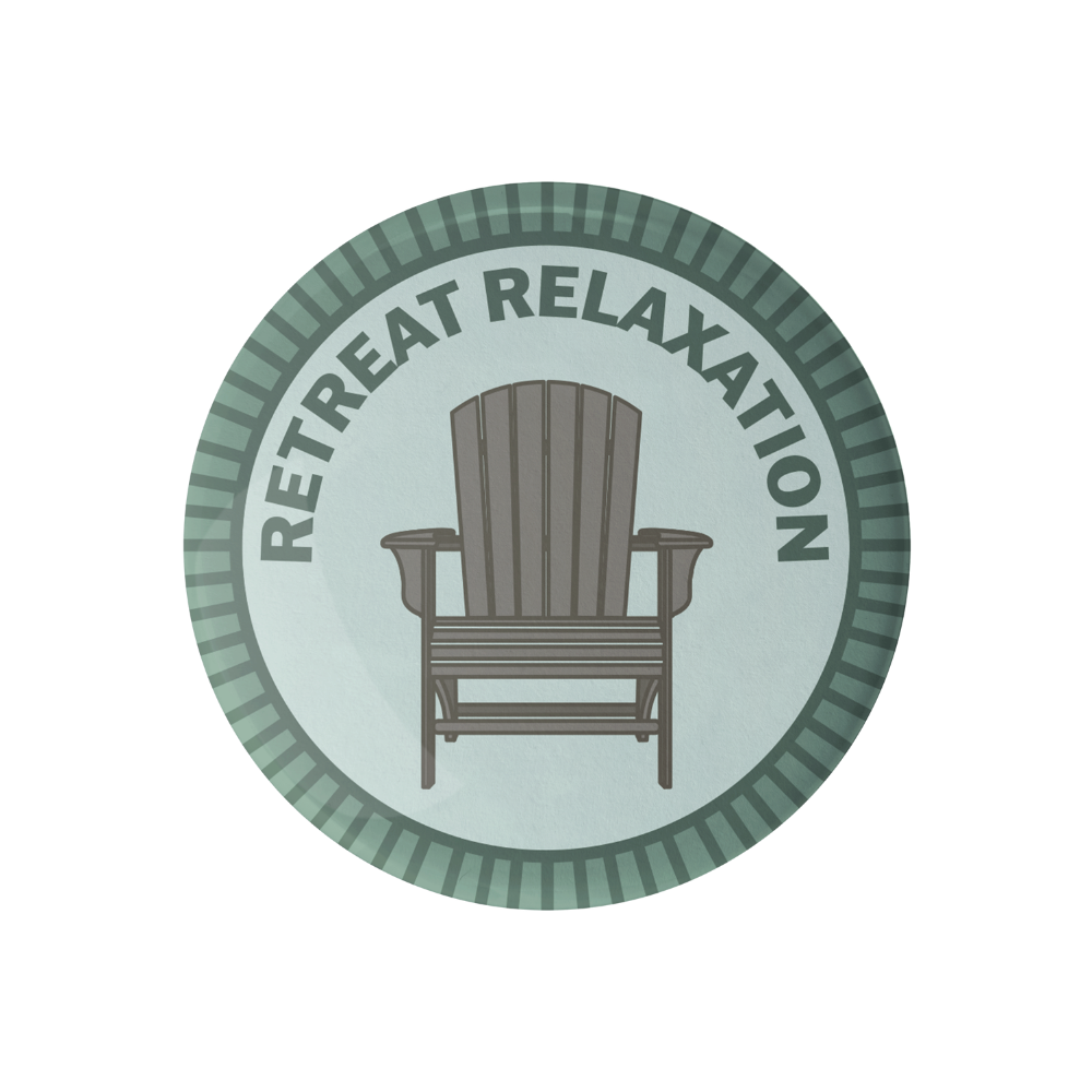 Circular logo with a wooden chair and 'Retreat Relaxation' text on a light blue background