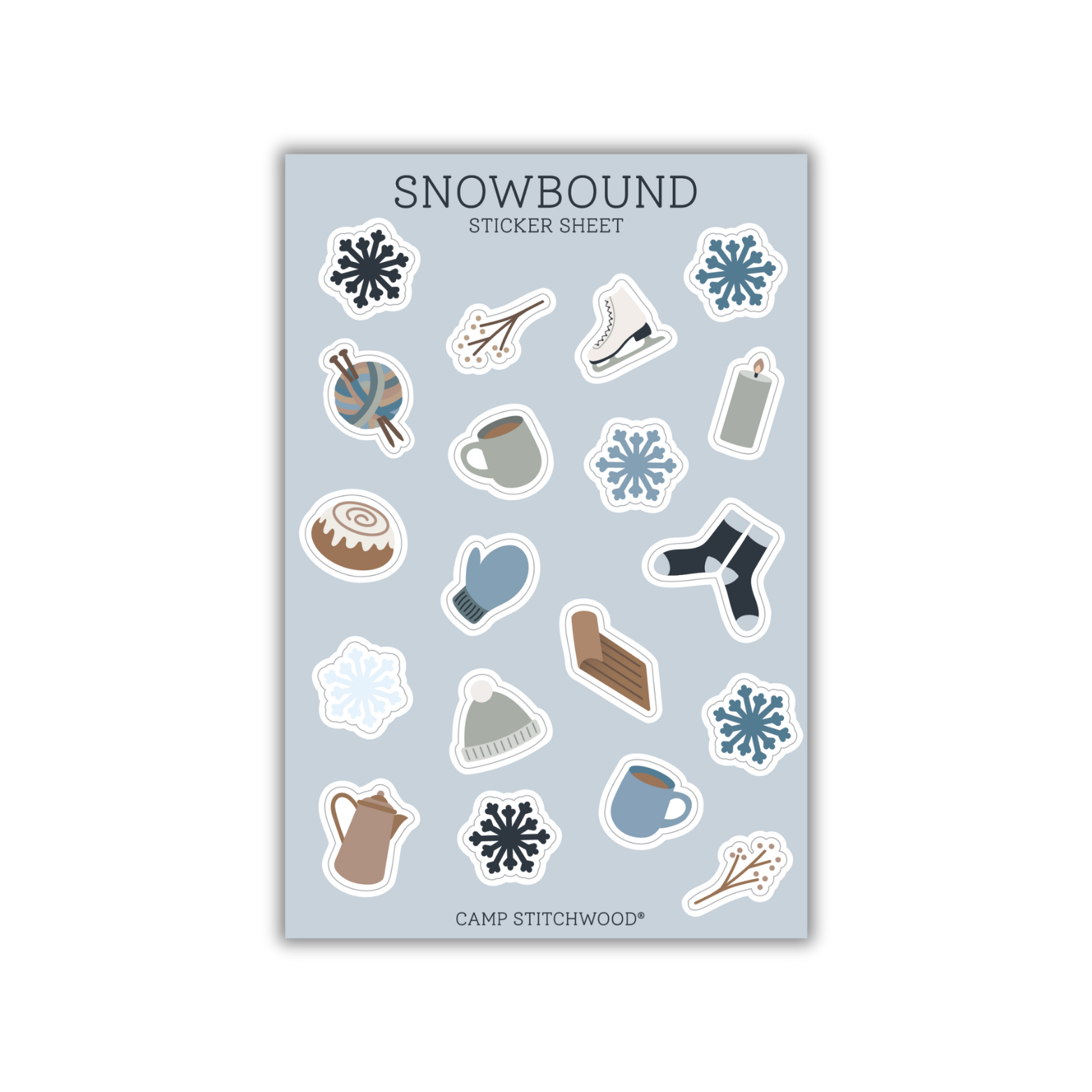 Sticker sheet titled 'Snowbound' with various winter-themed illustrations on a light blue background.