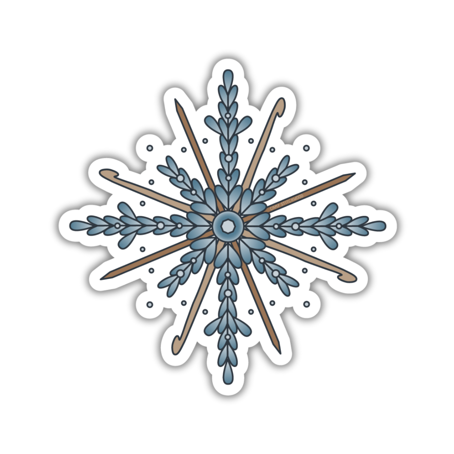Decorative snowflake design with blue and brown colors on a white background