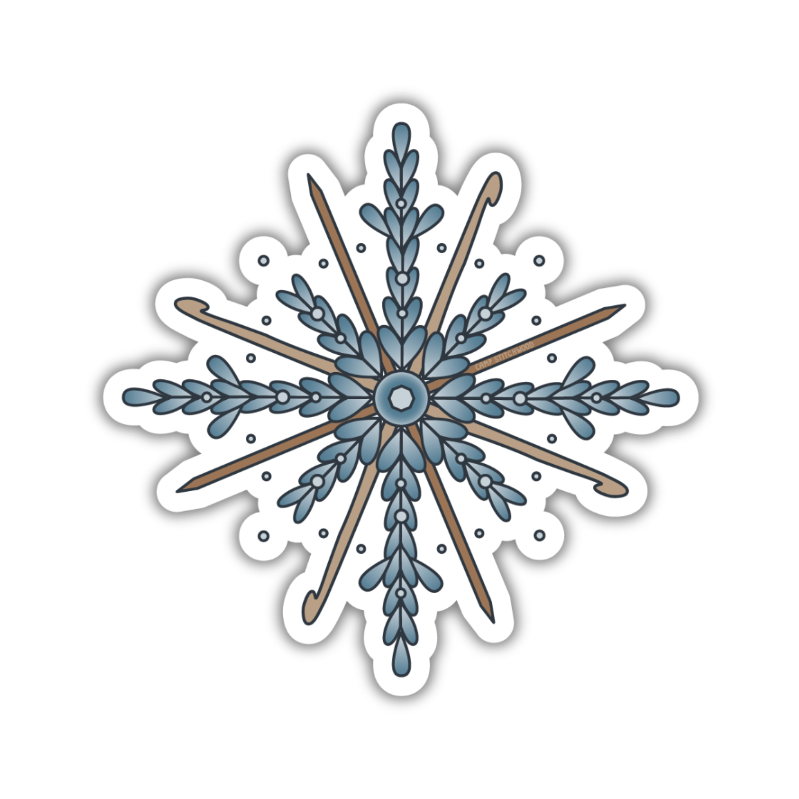 Decorative snowflake design with blue and brown colors on a white background