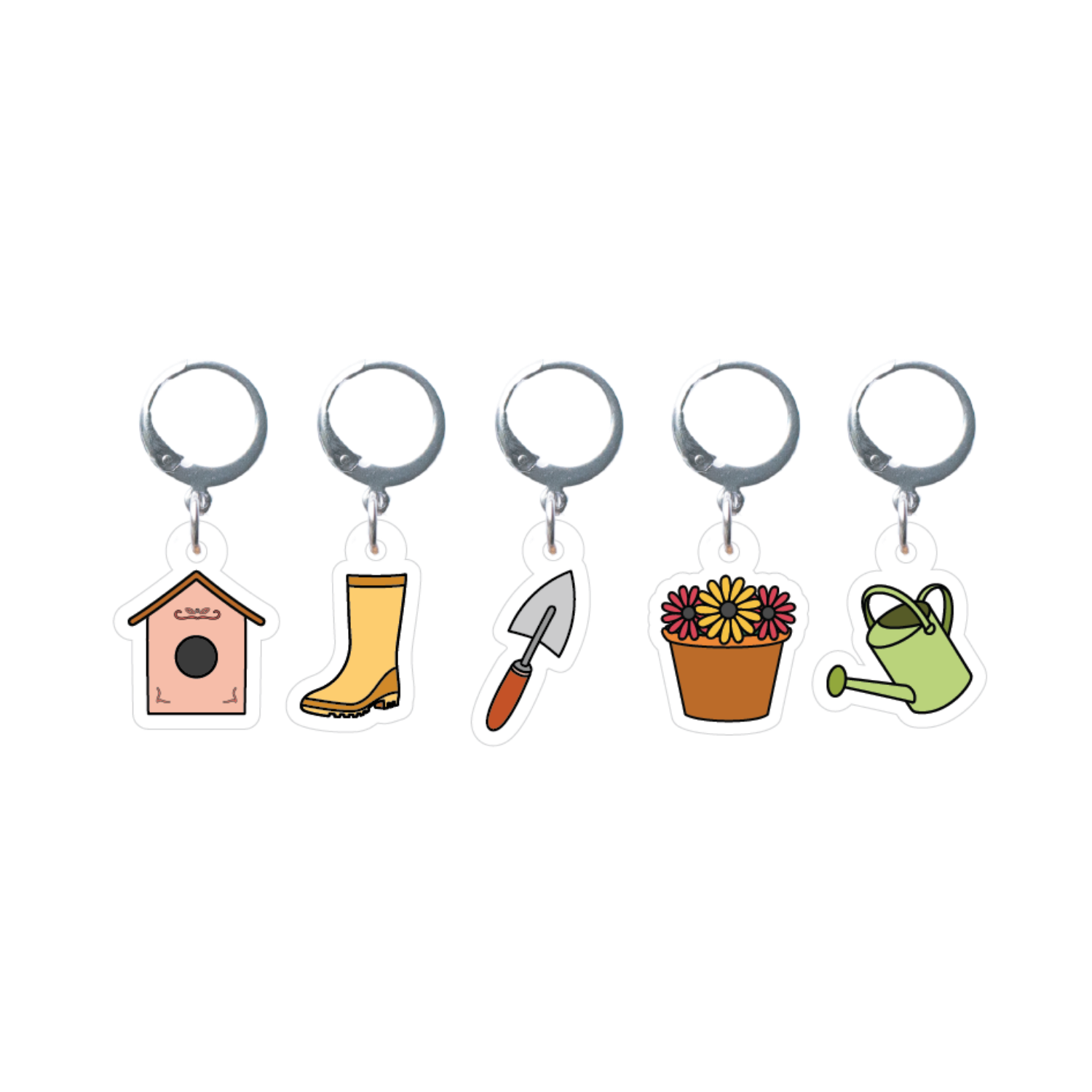 Set of five garden-themed stitch markers on a white background