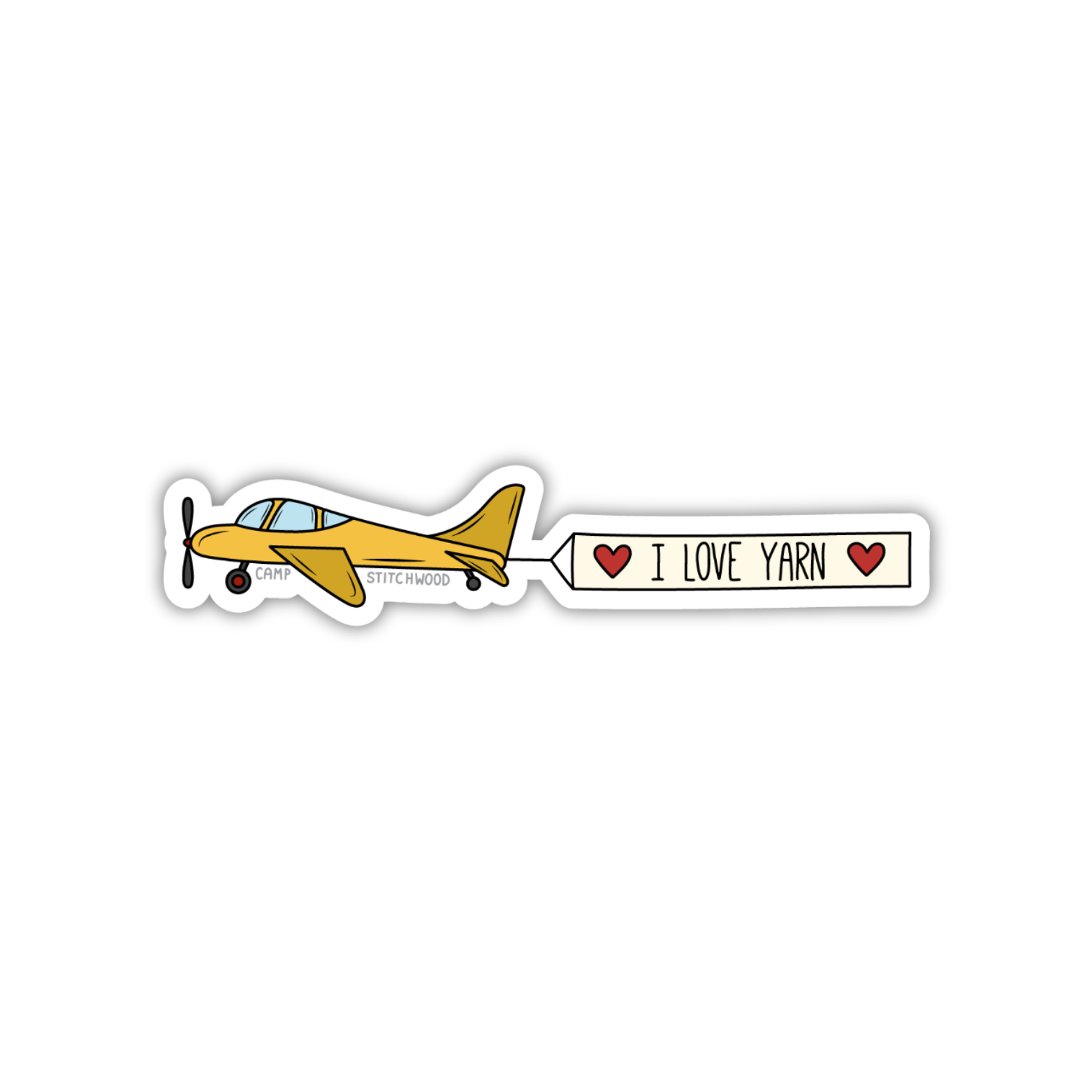 Sticker of a yellow airplane with 'I Love Yarn' text on a white background