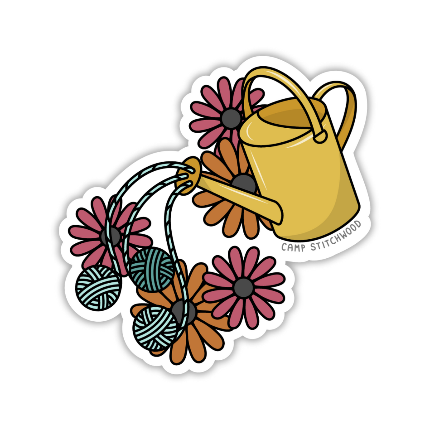Watering Can with Yarn and Flowers