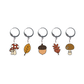 Set of five stitch markers with autumn-themed charms on a white background