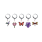 Set of five stitch markers with colorful insect and flower designs on a white background