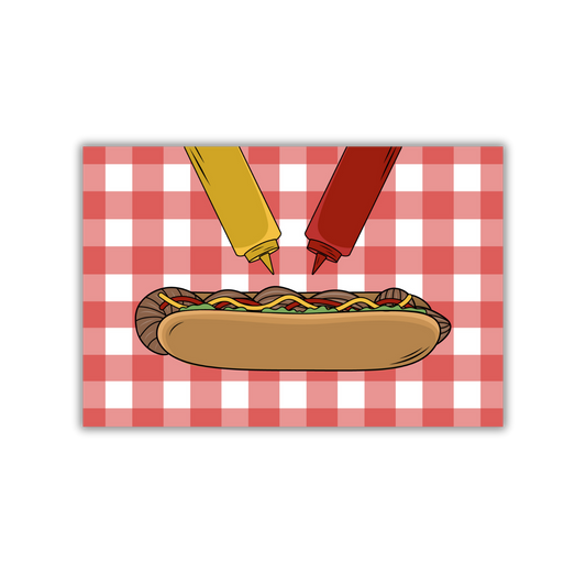 Illustration of a hot dog with mustard and ketchup on a red and white checkered background