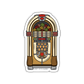 Sticker of a vintage jukebox with 'Camp Stitchwood' branding on a white background