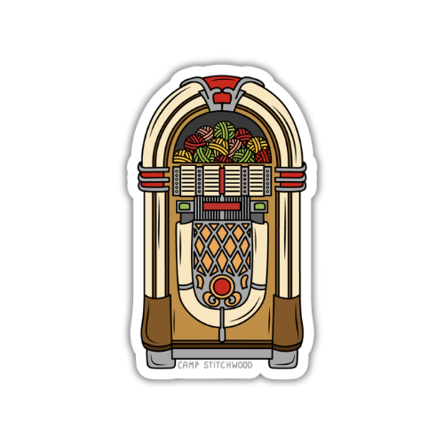 Sticker of a vintage jukebox with 'Camp Stitchwood' branding on a white background